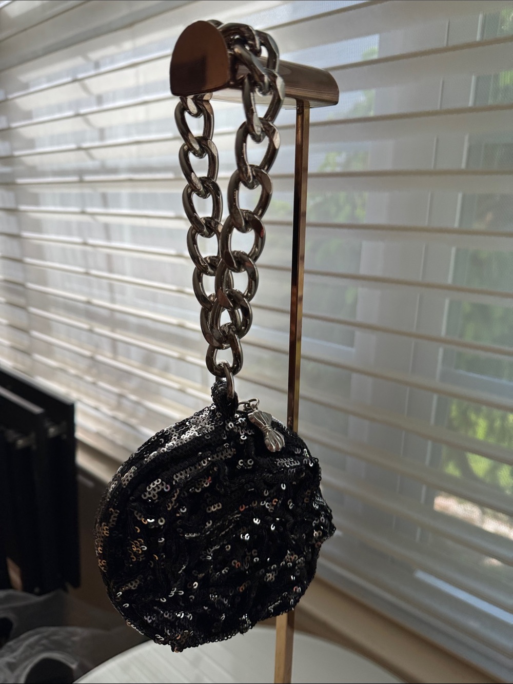 Betsey Johnson Black Sequin Round Wristlet with Chunky Chain
